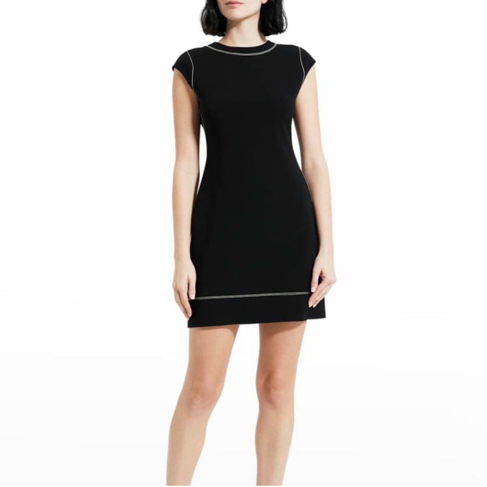 Theory Womens Cap-Sleeve white Embroidered Admiral Crepe Shift Dress Black SZ 12